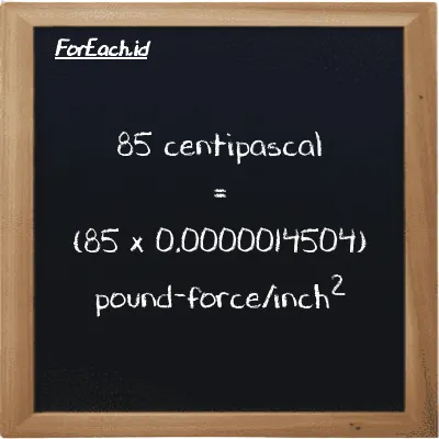How to convert centipascal to pound-force/inch<sup>2</sup>: 85 centipascal (cPa) is equivalent to 85 times 0.0000014504 pound-force/inch<sup>2</sup> (lbf/in<sup>2</sup>)
